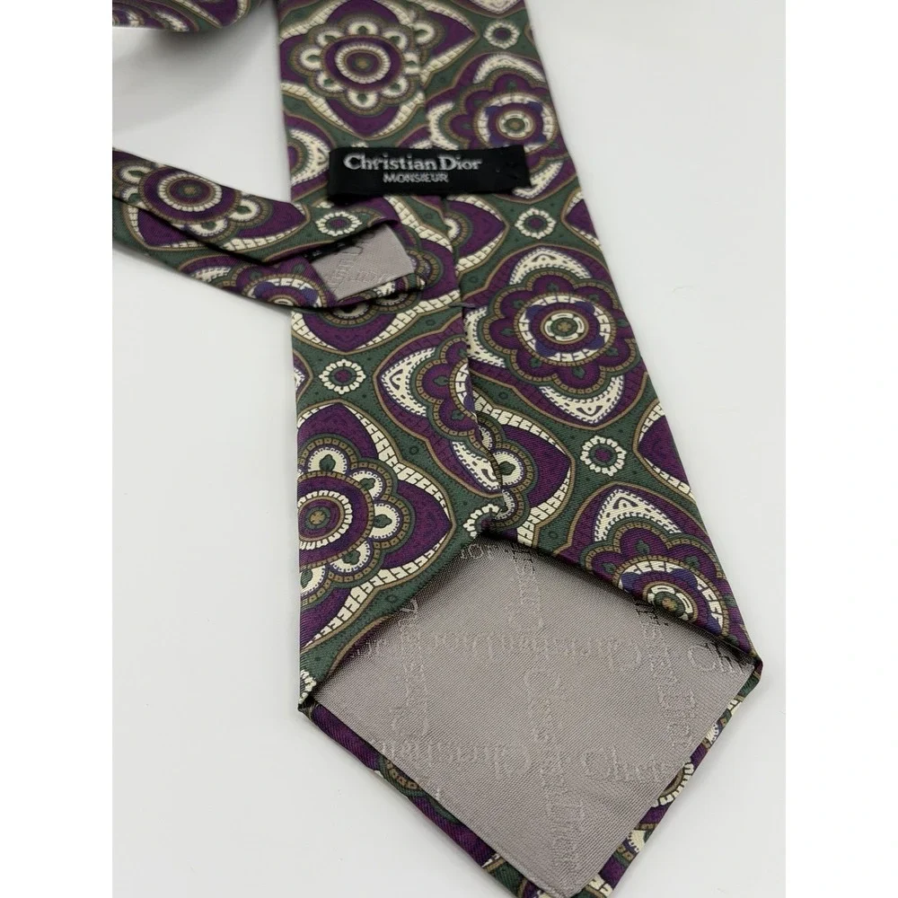 Christian Dior Monsieur Mens Tie Diamond Italian Silk Purple Green Vtg USA
